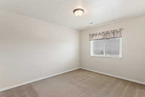 Carpeted spare room with a textured ceiling