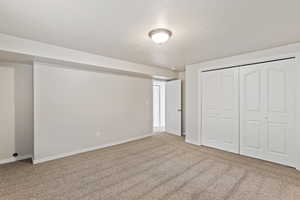 Unfurnished bedroom with carpet, a textured ceiling, and a closet