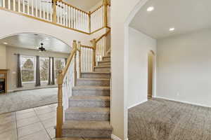 Stairs with ceiling fan and carpet flooring