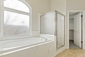 Bathroom featuring tile patterned flooring, independent shower and bath, and a healthy amount of sunlight