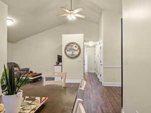 View of Great Room, seating and TV, Dining room, ceiling fan, and vaulted ceilings