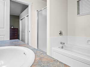 Bathroom featuring vanity and shower with separate bathtub