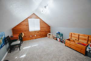 Carpeted office space featuring wooden walls, vaulted ceiling, and a textured ceiling