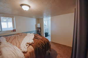 Carpeted bedroom with a textured ceiling