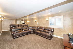 Cinema room with a textured ceiling and carpet flooring