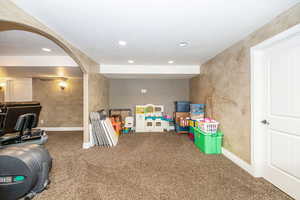 Game room with carpet flooring