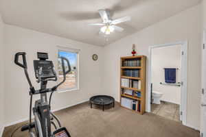 Workout area featuring lofted ceiling, light colored carpet, and ceiling fan