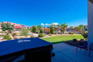 View of patio featuring a mountain view