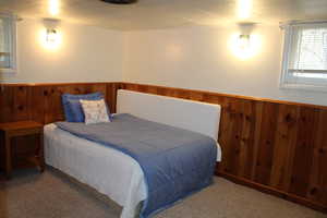 Carpeted bedroom with wood walls