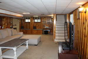 Large basement living room featuring wooden walls