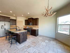 Kitchen featuring dark brown cabinetry, sink, stainless steel appliances, a kitchen island with sink, and backsplash