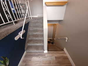 Stairway featuring hardwood / wood-style flooring