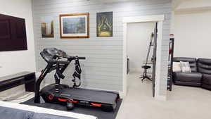 Workout room featuring light carpet and wooden walls