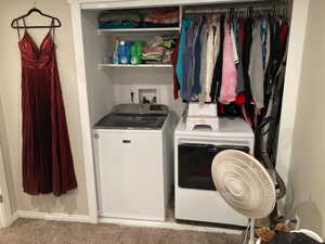 Washroom with washing machine and dryer and light colored carpet