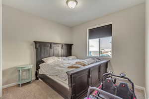 Bedroom featuring light carpet