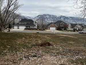 View of yard with a garage and a mountain view