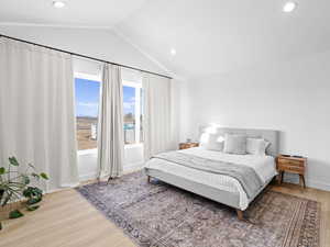 Bedroom featuring wood-type flooring and lofted ceiling