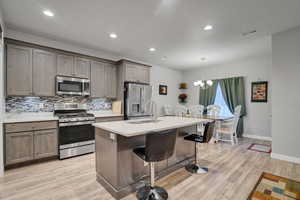 Kitchen featuring pendant lighting, backsplash, stainless steel appliances, and light wood-type flooring