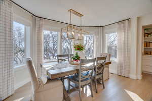 Dining area with a healthy amount of sunlight, an inviting chandelier, and light hardwood / wood-style floors