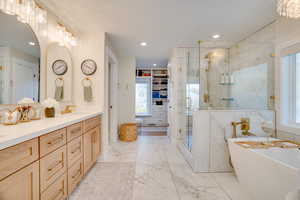 Bathroom with vanity, a healthy amount of sunlight, and separate shower and tub