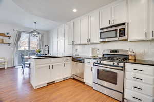 Kitchen featuring sink, hanging light fixtures, kitchen peninsula, stainless steel appliances, and white cabinets