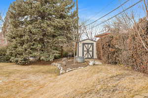 View of yard featuring a storage shed