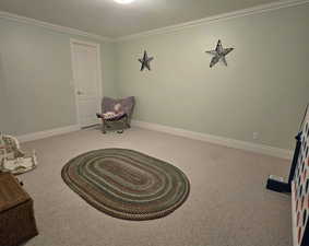 Unfurnished room featuring ornamental molding and carpet