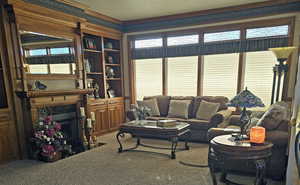 Living room with plenty of natural light and carpet flooring