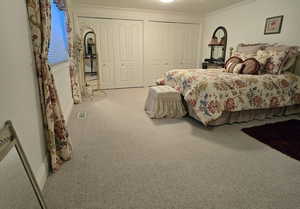 Bedroom with crown molding, carpet, and two closets