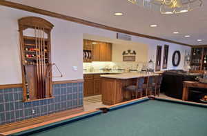 Playroom with crown molding, indoor bar, and billiards