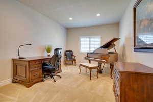 Carpeted office space with a textured ceiling