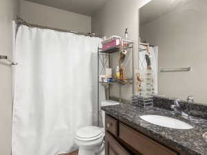 Bathroom featuring toilet, vanity, and curtained shower