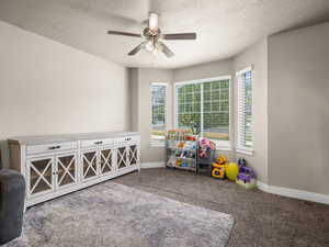 Recreation room featuring carpet floors, ceiling fan, plenty of natural light, and a textured ceiling