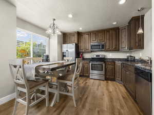 Kitchen with light hardwood / wood-style floors, sink, stainless steel appliances, and pendant lighting