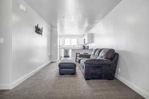 Living room with carpet flooring and a textured ceiling