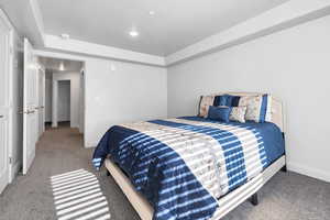 Carpeted bedroom with a tray ceiling