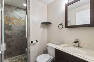 Bathroom featuring vanity, an enclosed shower, and toilet