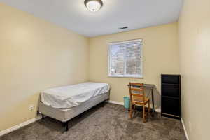 Bedroom with dark colored carpet