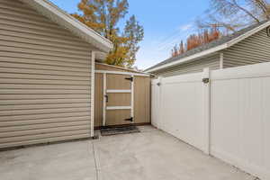 Exterior space with a shed