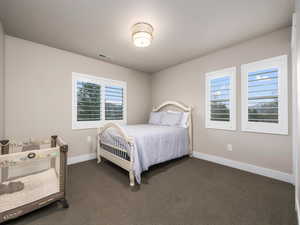 Bedroom featuring multiple windows and dark colored carpet