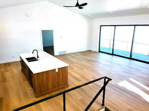 Kitchen with vaulted ceiling, light hardwood / wood-style floors, a kitchen island with sink, and sink