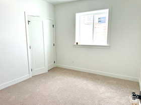 Unfurnished bedroom featuring light carpet