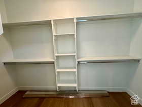 Walk in closet featuring dark wood-type flooring