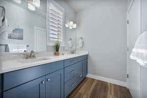 Bathroom featuring vanity and wood-type flooring