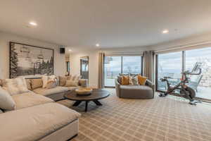 Living room with carpet floors