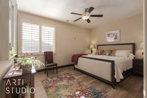 Bedroom 2 with wood look tile flooring and ceiling fan