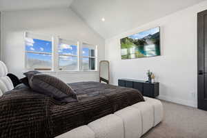 Carpeted bedroom with lofted ceiling