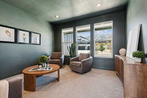 Sitting room featuring light carpet and a textured ceiling