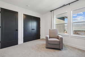 Sitting room featuring light carpet