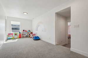 Game room with light colored carpet